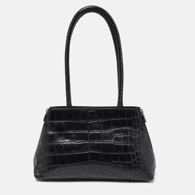 Pre-owned Furla Black Croc Embossed Leather Vintage Shoulder Bag