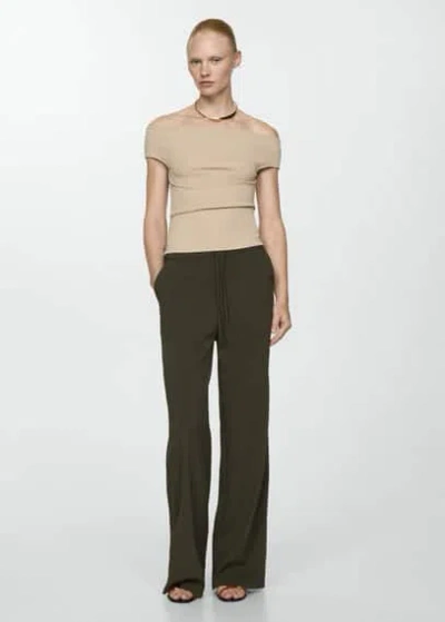 Mango Elastic-waist Straight Trousers Khaki In Kaki