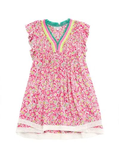 Poupette St Barth Girls' Sasha V Neck Mini Dress - Little Kid, Big Kid In Pink Ocean Flowers
