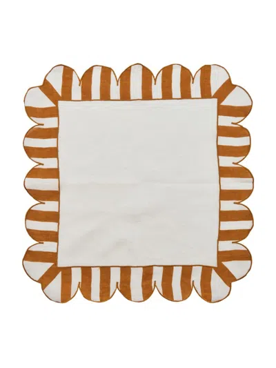 Misette Jardin 4-piece Embroidered Linen Scalloped Stripe Napkin Set In Amber