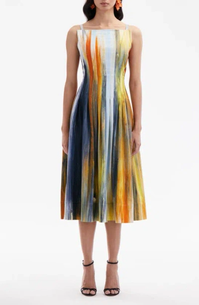 Oscar De La Renta Abstract Cotton Raso Pleated Dress In Calendula Multi