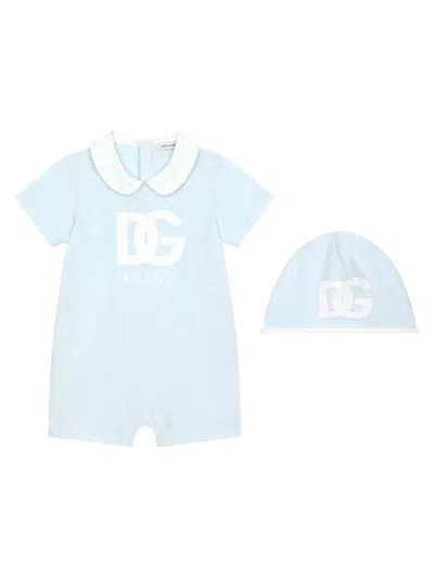 Dolce & Gabbana Babies' Logo-print Cotton Romper And Beanie Set In Blue