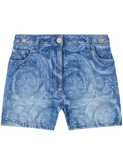 Versace Baroque Denim Shorts Clothing In Blue