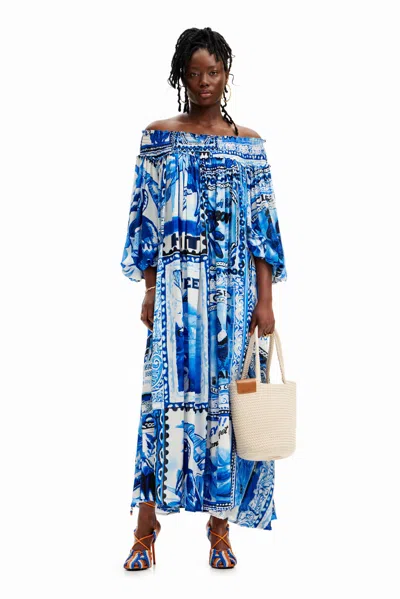 Desigual Stella Jean Long Arty Postcard Dress In Blue