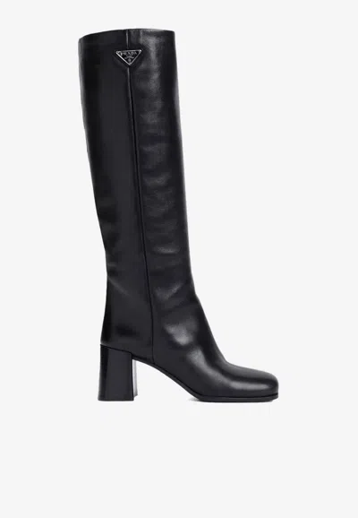Prada Women Tronchetti 55mm Knee-high Suede Boots In Black