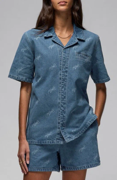 Jordan Short Sleeve Woven Denim Button-up Shirt In Blue