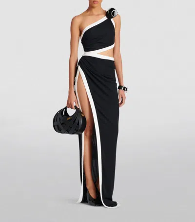 Balmain Asymmetric Long Jersey Slit Dress In Black,white