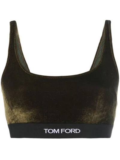 Tom Ford Stretch Velvet Logo Bra Top In Green