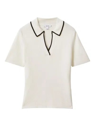 Reiss Seleena - Ivory/black Linen Blend Open Collar Polo Shirt, L