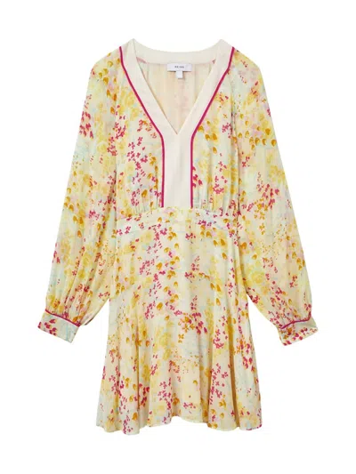 Reiss Molly - Pink/yellow Floral Print Puff Sleeve Mini Dress, Us 0