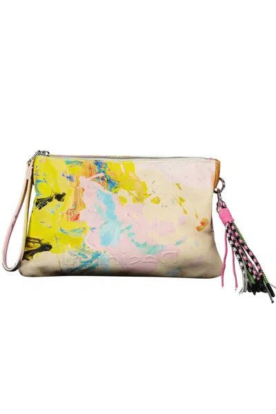 Desigual Chic White Cotton Handbag With Contrasting Details In Multi