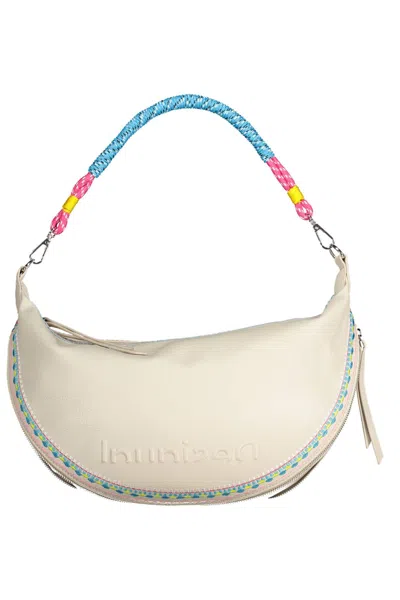 Desigual Chic White Embroidered Expandable Handbag In Neutral