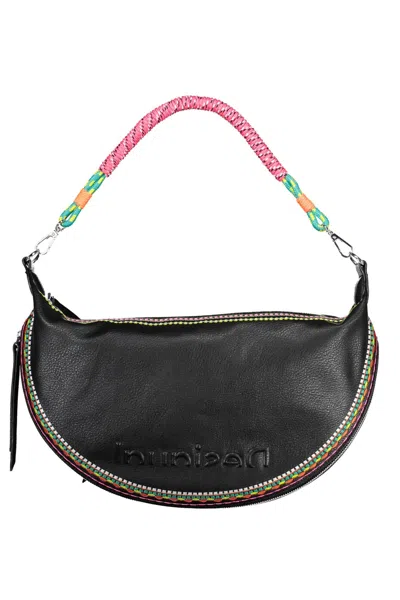 Desigual Elegant Embroidered Black Handbag With Contrasting Details