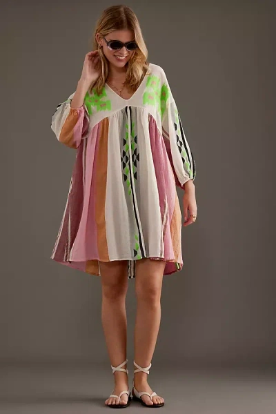 Devotion Long-sleeve V-neck Printed Mini Dress In Multi