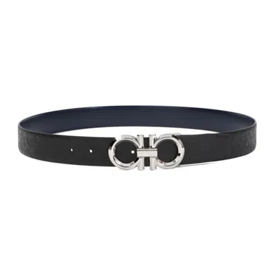Ferragamo Gancini Belt In Black And Navy Leather