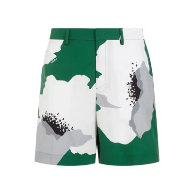 Valentino Green And Gray Flowered Cotton Shorts