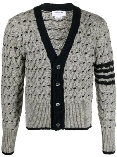 Thom Browne 4-bar Stripes Cable-knit Cardigan In Grey