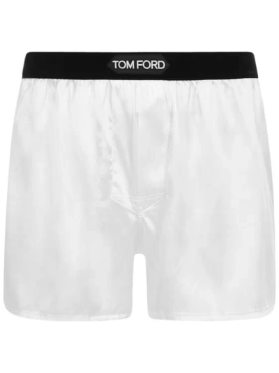 Tom Ford Velvet-trimmed Stretch-silk Satin Boxer Shorts In White