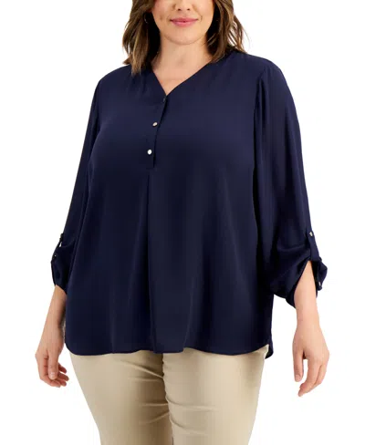 Jm Collection Plus Size V-neck Roll-tab Utility Top, Created For Macy's In Intrepid Blue