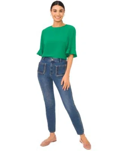Cece Womens Ruffled Cuff 3 4 Sleeve Crew Neck Blouse Braided Patch Pocket Skinny Jeans In Lush Green