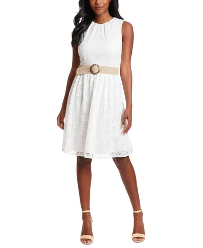 London Times Lace Sleeveless Belted Fit & Flare Dress In White