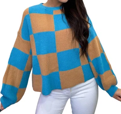 Merci Checkered Charm Knit Sweater In Teal/taupe In Multi