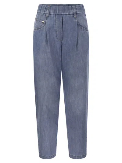 Brunello Cucinelli Lightweight Denim Baggy Trousers With Shiny Tab In Medium Denim