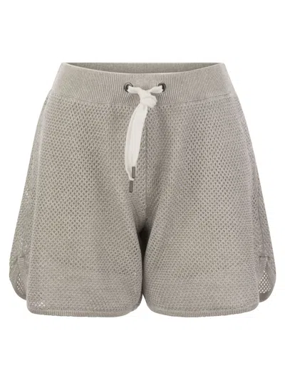 Brunello Cucinelli Sparkling Net Knit Cotton Shorts In Gray