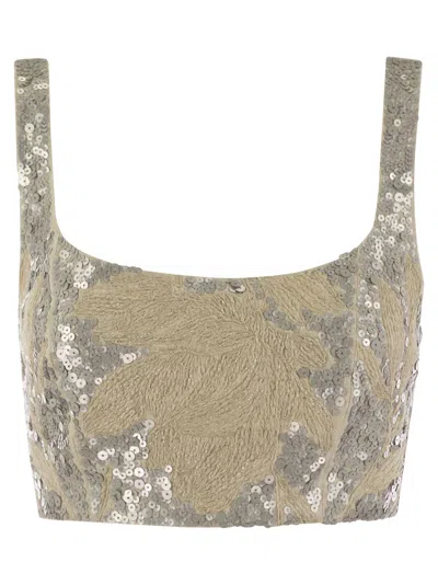 Brunello Cucinelli Light Linen Crop Top With Embroidery In Natural