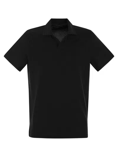 Fedeli Cotton Polo Shirt With Open Collar In Black