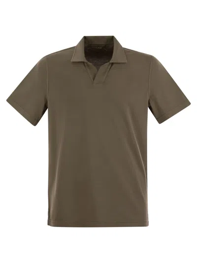 Fedeli Cotton Polo Shirt With Open Collar In Brown