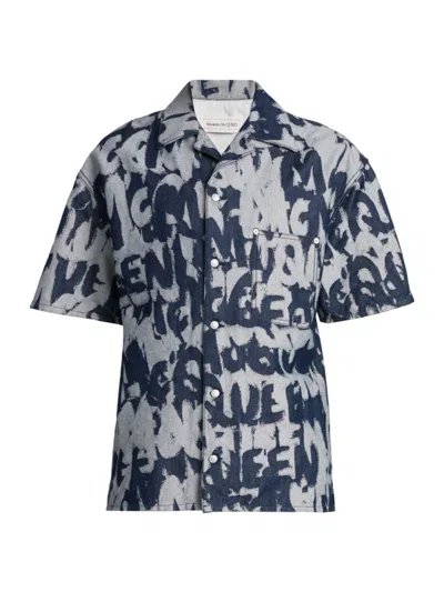 Alexander Mcqueen Men's Hawaiian Short-sleeve Denim Shirt In Indigo