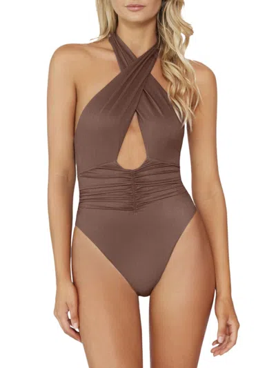 Pq Women's Celine Ruched Shimmer One-piece In Brown