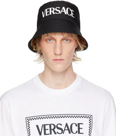 Versace Logo-print Bucket Hat In 5b000-black+gold