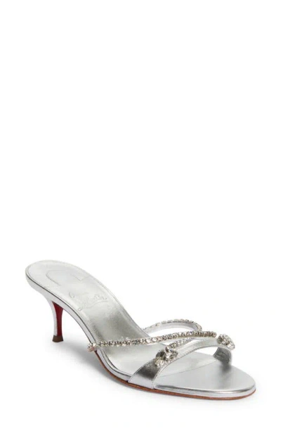 Christian Louboutin Simple Queenie Slide Sandal In Silver/ Crystal