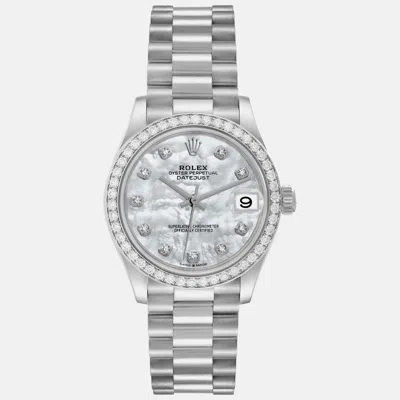 Pre-owned Rolex President Datejust Midsize White Gold Mother Of Pearl Diamond Women's Watch 31 Mm