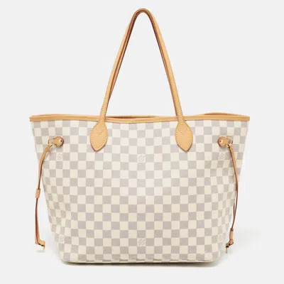 Pre-owned Louis Vuitton Damier Azur Canvas Neverfull Mm Bag In White