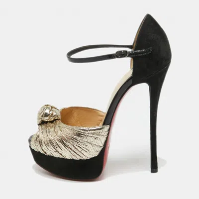 Pre-owned Christian Louboutin Gold/black Suede And Leather Ankle Strap Louboutin Pumps Size 34