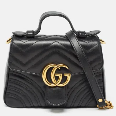 Pre-owned Gucci Black Matelasse Leather Mini Gg Marmont Top Handle Bag