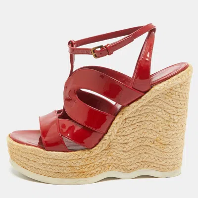 Pre-owned Saint Laurent Red Patent Wedge Ankle Sandals Size 39.5