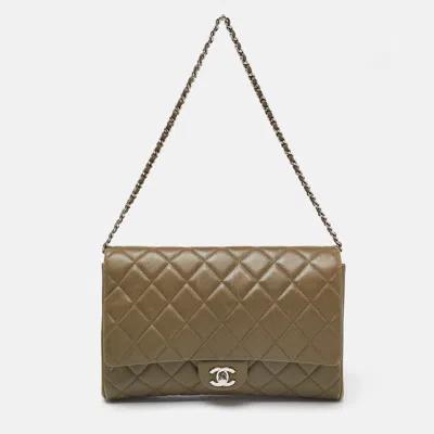 Pre-owned Chanel Olive Green Quilted Leather Chain Flap Bag