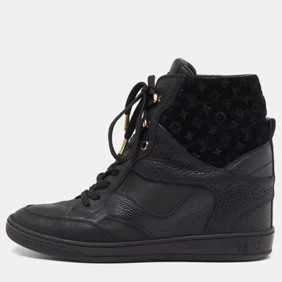 Pre-owned Louis Vuitton Black Leather And Monogram Suede Wedge High Top Trainers Size 38