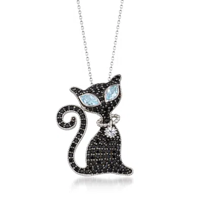 Ross-simons Black Spinel And Blue And White Topaz Cat Pin Pendant Necklace In Sterling In Multi