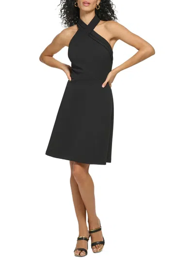 Dkny Womens Knee Length Criss-cross Halter Fit & Flare Dress In Black