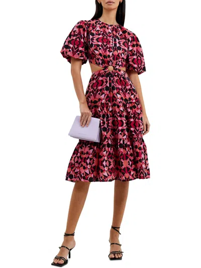 French Connection Puff Sleeve Midi Dress With Ring Detail Cut Out In Pink And Black Geo Print