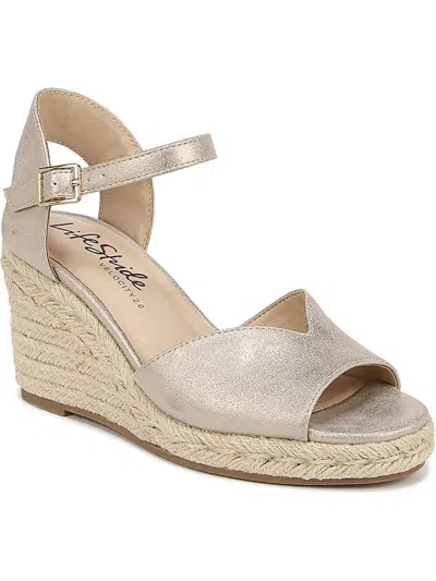 Lifestride Tess Womens Faux Leather Wedge Sandals In White