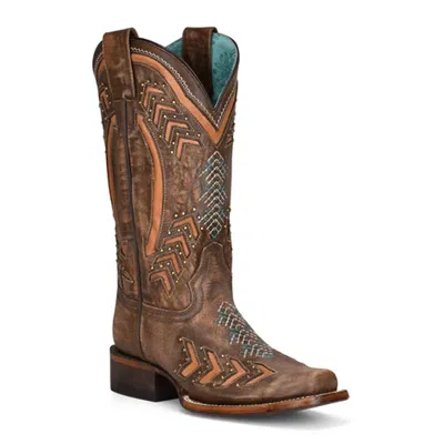 Corral Women's Embroidery With Studs Square Toe Western Cowboy Boots In Brown