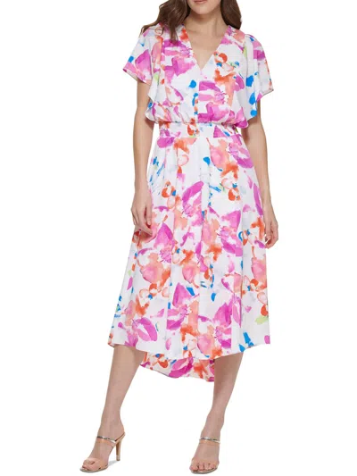 Dkny Womens Floral Print Chiffon Midi Dress In Pink