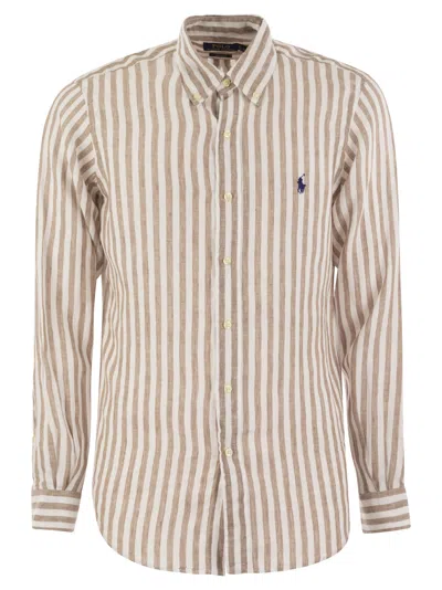 Polo Ralph Lauren Custom Fit Striped Linen Shirt In Brown