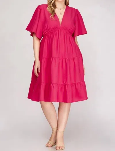 She + Sky Fuchsia Plunge Dress In Pink